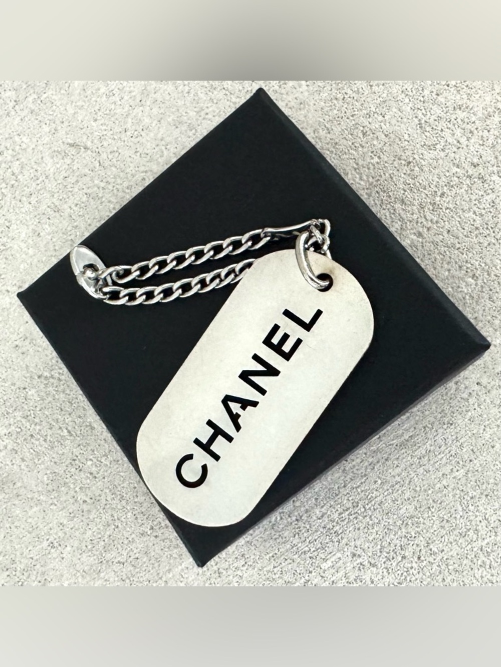 CHANEL Silver Dog Tag Charm Keychain Logo Plate w/Box